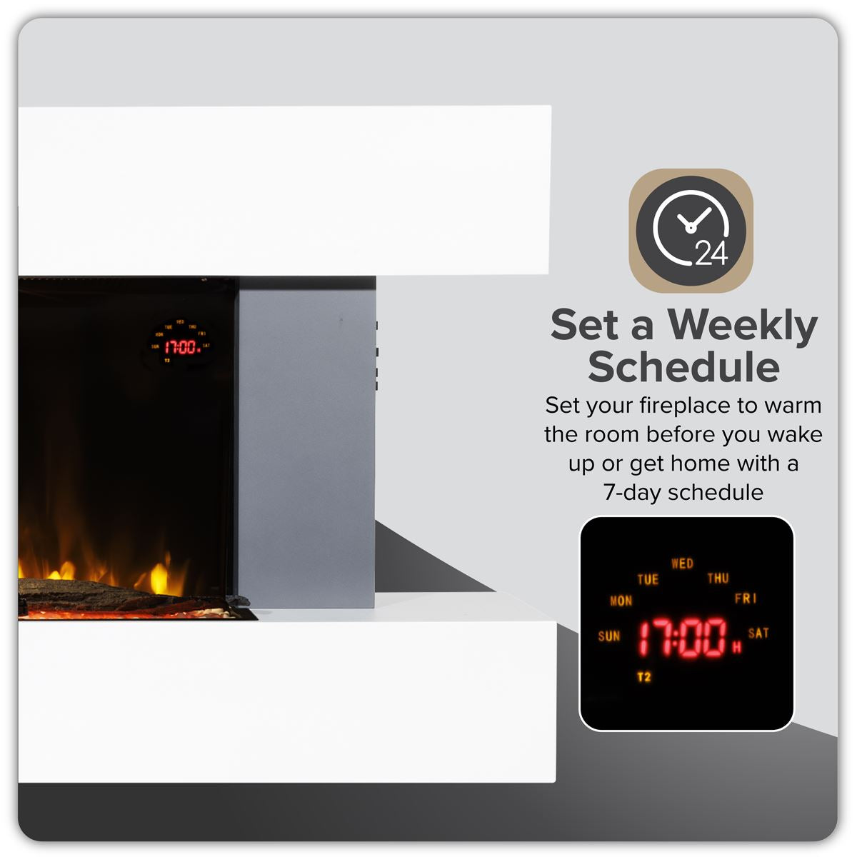 Baridi DH112 Wall Mounting Electric Fireplace with LED Flame Effect 52" - Grey | 230V~50Hz, Timer, Remote Control | Create a relaxing and cozy space