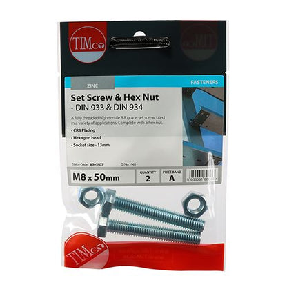 TIMCO Set Screw & Hex Nut - BZP M8 x 50 Silver Pack 2