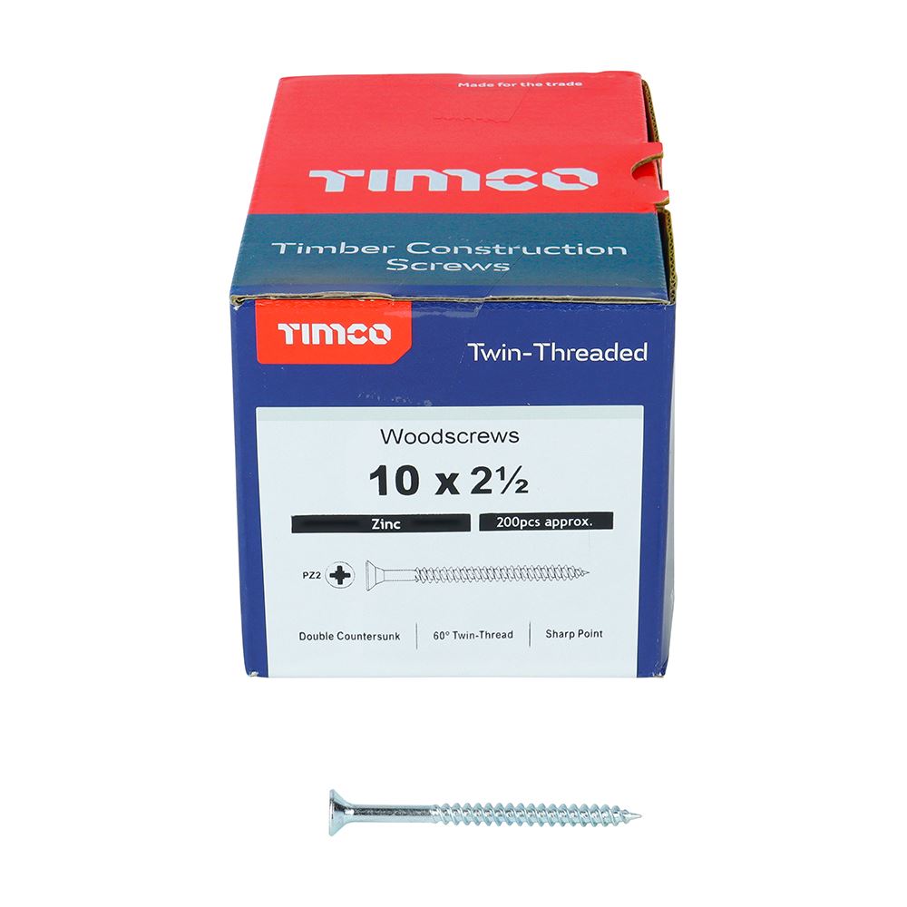 TIMCO Twin Woodscrew PZ2 CSK Zinc 10 x 2 1/2 Silver Pack 200