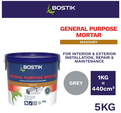 Bostik General Purpose Mortar 5kg Grey Premixed Cement Sand for Brick Block Laying Patching Pointing Masonry Repairs