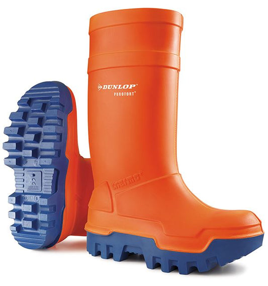 Dunlop Purofort Thermo+ Full Safety Wellington Boots – Orange & Green, S5 CI SRC, Steel Toe & Midsole, Waterproof and Cold Insulated to -50°C