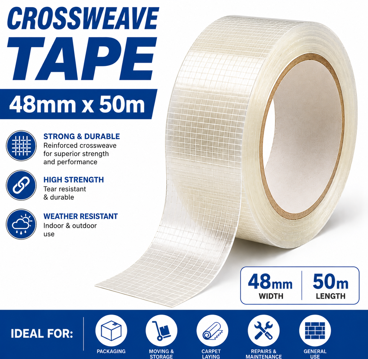 Yuzet Crossweave Tape 48mm x 50m Heavy Duty Reinforced Repair & Packaging Tape
