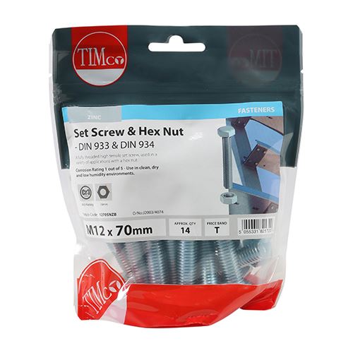 TIMCO Set Screw & Hex Nut - BZP M12 x 70 Silver Pack 14