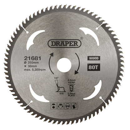 Draper TCT SAW BLADE 250MM 80T WOOD 21681 TCT Circular Saw Blade for Wood, 250 x 30mm
