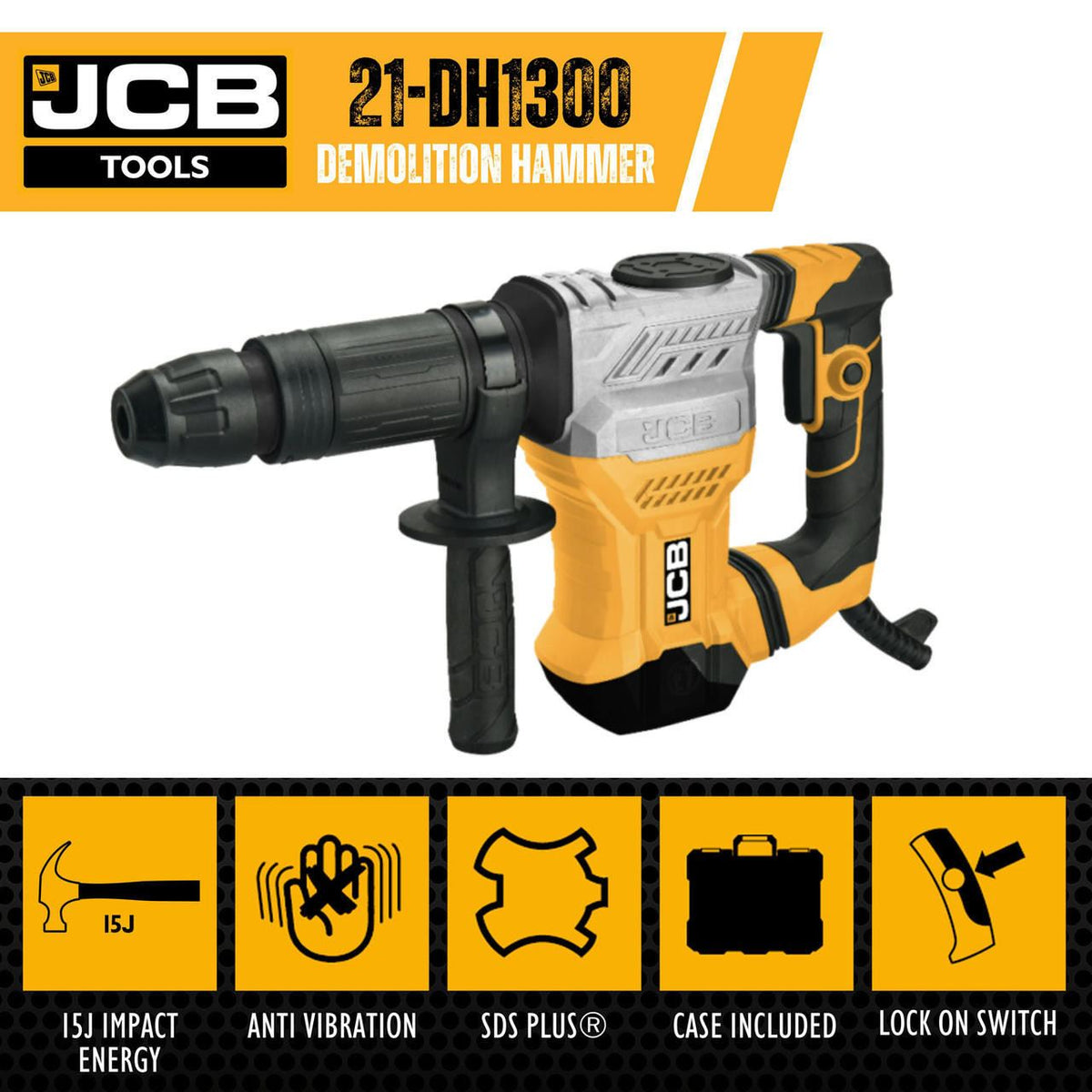 JCB 21-DH1300 Demolition Hammer 1300W 15J SDS Max Anti Vibration 230V Breaker Concrete Chisel Concrete Breaker Chisel