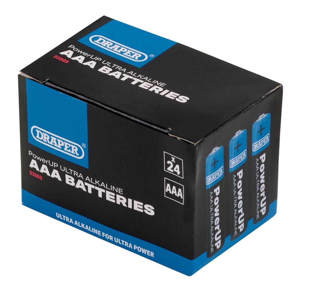 03969 Draper PowerUP Ultra Alkaline AAA Batteries (Pack of 24) BATT/AAA/24 Battery 45mm Professional Trade DIY Workshop Garage Use