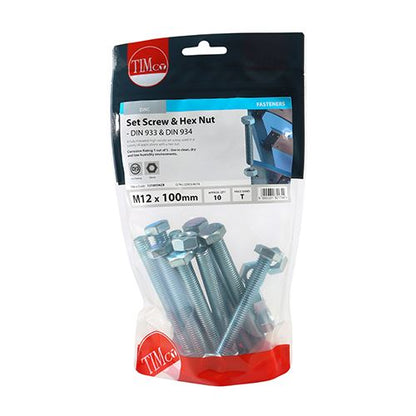 TIMCO Set Screw & Hex Nut - BZP M12 x 100 Silver Pack 10