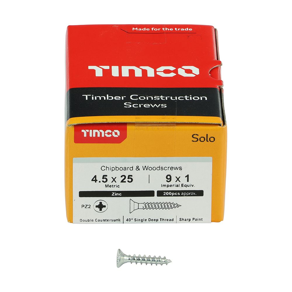TIMCO Solo Woodscrew PZ2 CSK Zinc 4.5 x 25 Silver Pack 200
