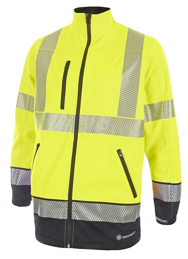 Beeswift Deltic Hi Vis Softshell Jacket Yellow Navy XL Windproof Breathable Fleece Backed Workwear with Reflective Tape and Zipped Pockets