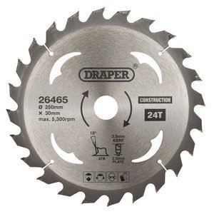 Draper TCT SAW BLADE 250MM 24T CONS 26465 TCT Construction Circular Saw Blade, 250 x 30mm