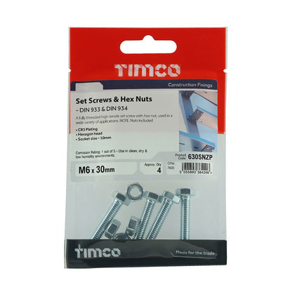 TIMCO Set Screw & Hex Nut - BZP M6 x 30 Silver Pack 4