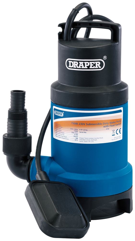61667 Draper Submersible Dirty Water Pump with Float Switch, 200L/Min, 750W SWP210DW Submersible Water Pumps Professional Trade DIY Workshop Garage
