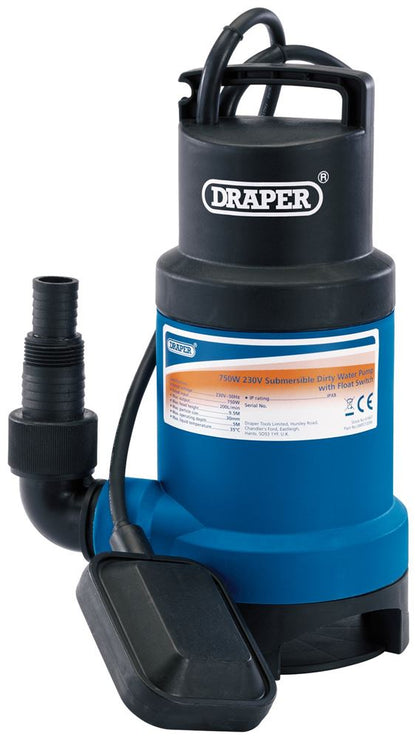 61667 Draper Submersible Dirty Water Pump with Float Switch, 200L/Min, 750W SWP210DW Submersible Water Pumps Professional Trade DIY Workshop Garage