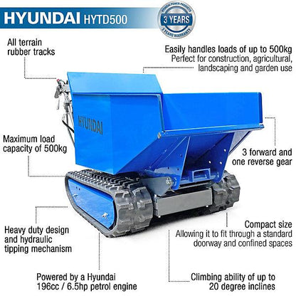 Hyundai 196cc Petrol 500kg Payload Tracked Mini Dumper/Power Barrow/Transporter, 3 Forward And One Reverse Gear, Hydraulic Tipping Mechanism, 3 Year Warranty