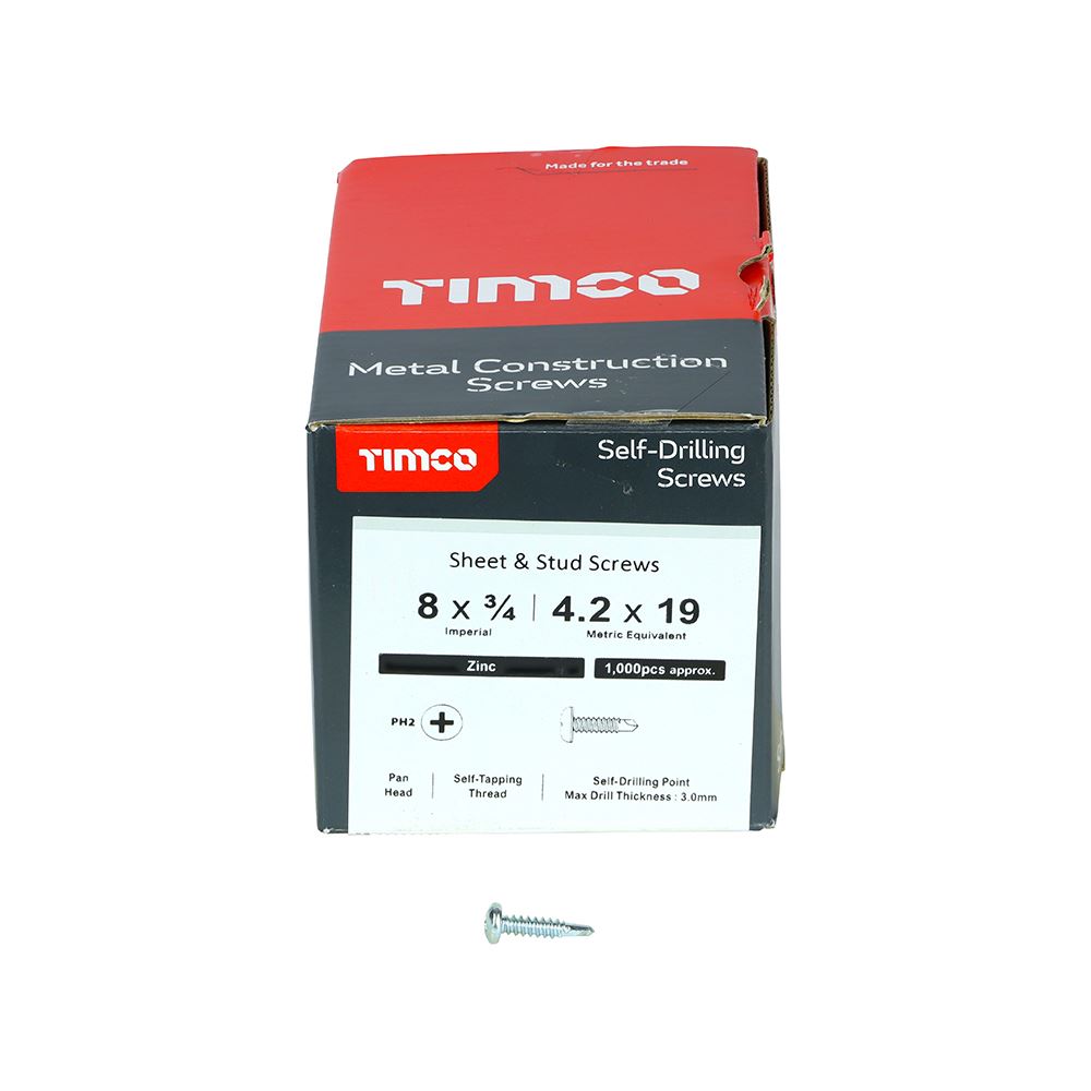 TIMCO Pan Screw PH2 S/DRILL No3 Zinc 8 x 3/4 Silver Pack 1000