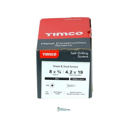 TIMCO Pan Screw PH2 S/DRILL No3 Zinc 8 x 3/4 Silver Pack 1000