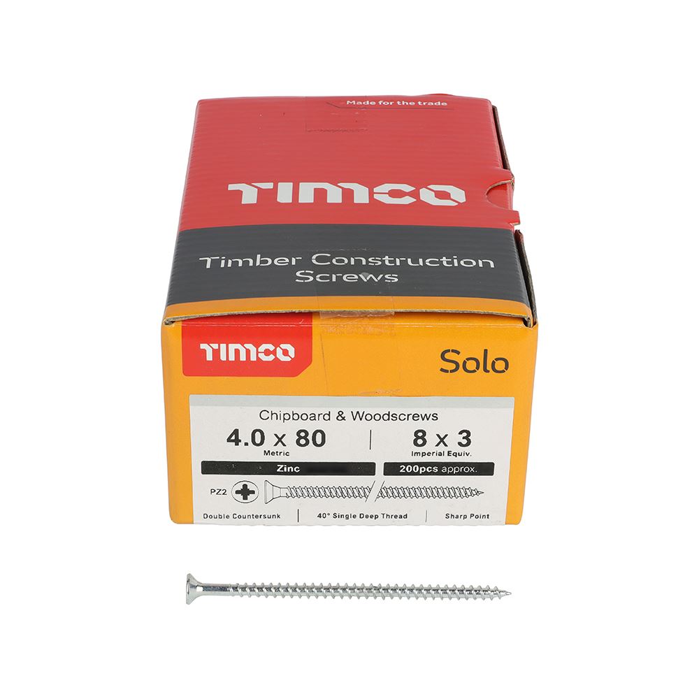 TIMCO Solo Woodscrew PZ2 CSK Zinc 4.0 x 80 Silver Pack 200