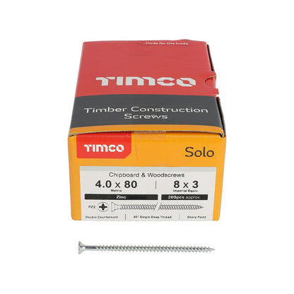 TIMCO Solo Woodscrew PZ2 CSK Zinc 4.0 x 80 Silver Pack 200