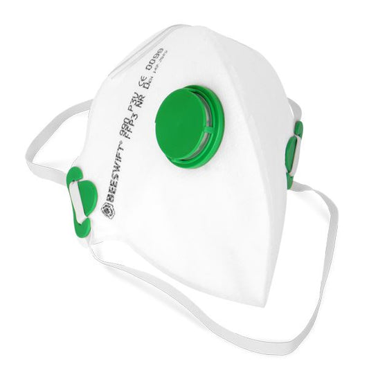 Beeswift Fold Flat FFP3 Valved Respirator Mask White Pack of 20 for Fine Toxic Dusts Fumes and Water-Based Mists