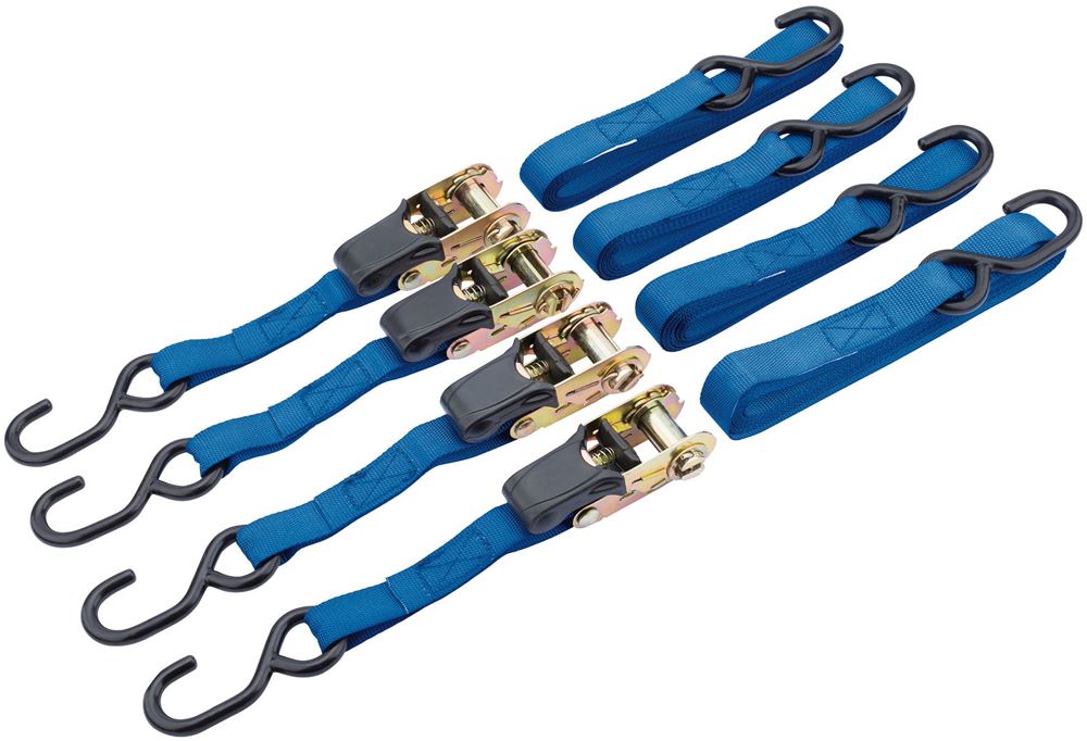 60965 Draper Ratcheting Tie Down Straps, 5m x 25mm, 250kg (4 Piece) RTDS25B4/B Straps and Tie Downs Professional Trade DIY Workshop Garage Use