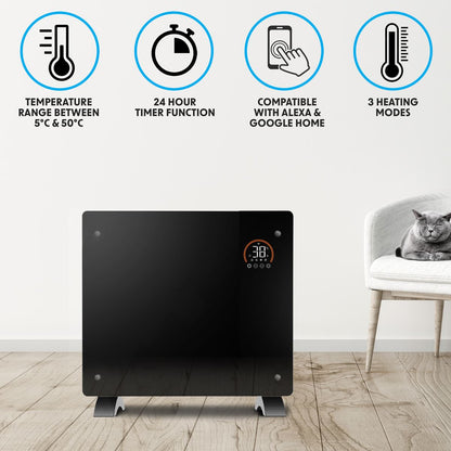 Baridi DH135 Electric Glass Panel Heater, 1000W, Wi-Fi Enabled, Black - DH135 | 230V 50Hz, Thermostat | Add the heater to either the TUYA or Smartlife