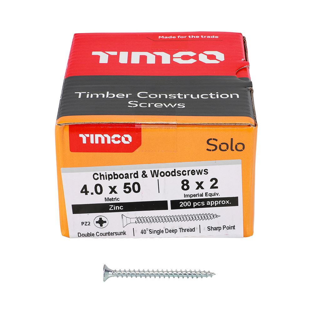 TIMCO Solo Woodscrew PZ2 CSK Zinc 4.0 x 50 Silver Pack 200