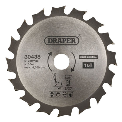 Draper TCT SAW BLADE 210MM 16T MULTI 30438 TCT Multi-Purpose Circular Saw Blade, 210 x 30mm
