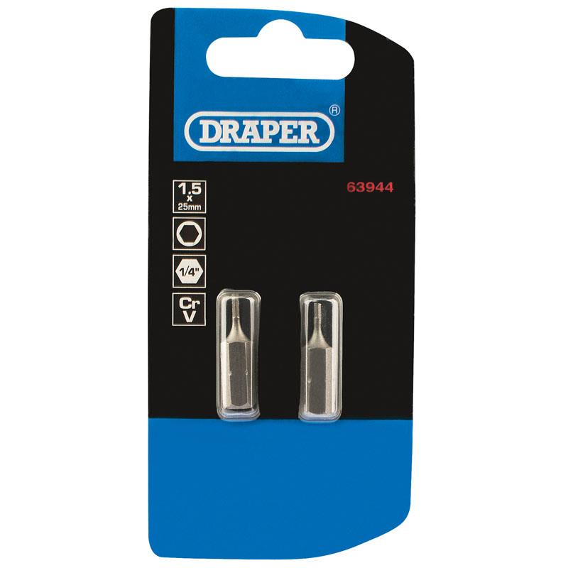 Draper 2PC 25MM 1.5MM HEX S/D BIT 63944 1/4" hex. Hexagonal E Shank Insert Bits