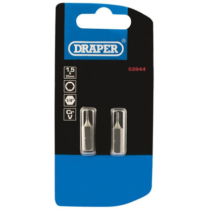 Draper 2PC 25MM 1.5MM HEX S/D BIT 63944 1/4" hex. Hexagonal E Shank Insert Bits