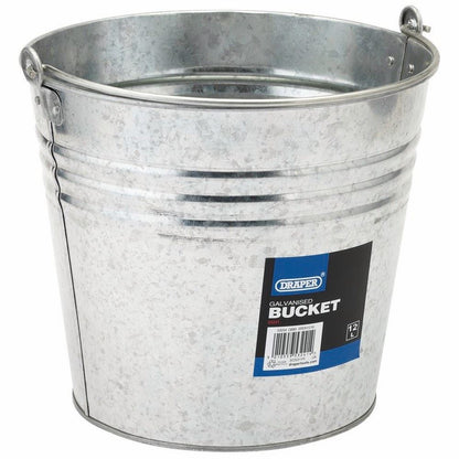 53241 Draper Galvanised Steel Bucket, 12L GB14 Buckets Professional Trade DIY Workshop Garage Use