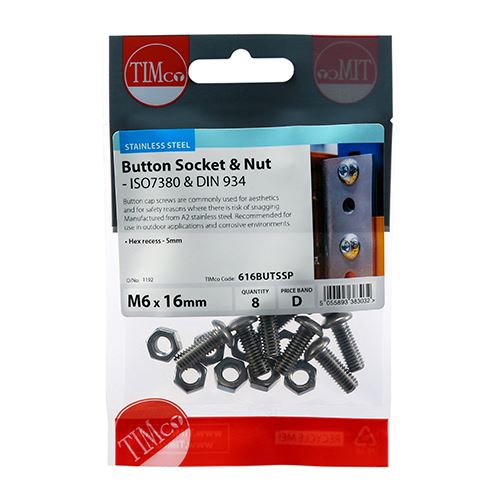 TIMCO Button Socket & Nut - A2 SS M6 x 16 Pack 8