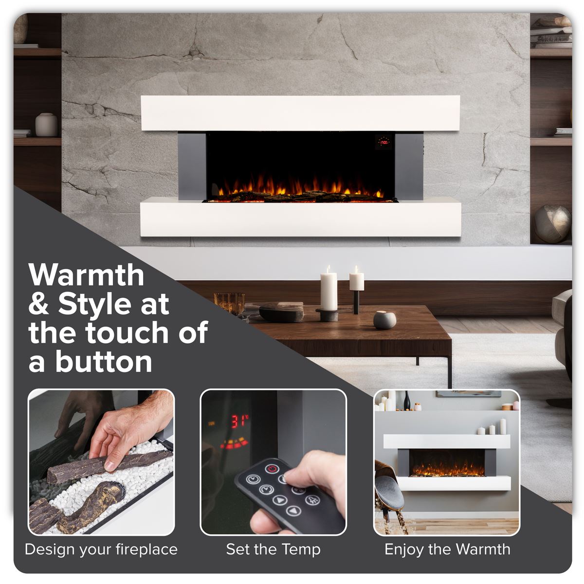 Baridi DH112 Wall Mounting Electric Fireplace with LED Flame Effect 52" - Grey | 230V~50Hz, Timer, Remote Control | Create a relaxing and cozy space