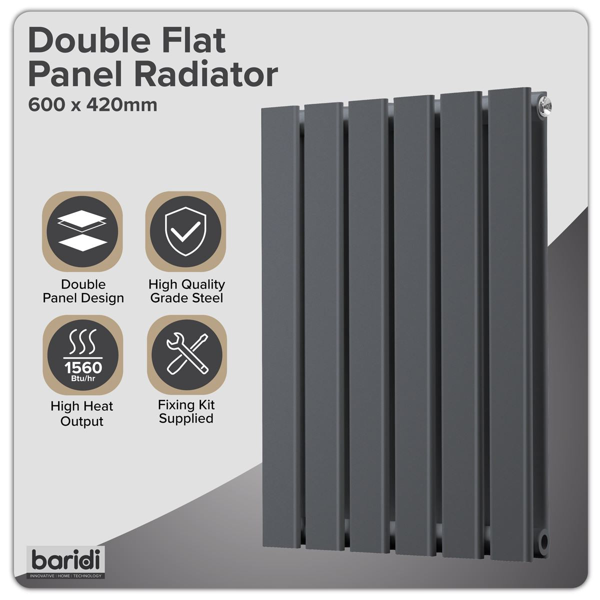 Baridi DH338 Horizontal Radiator Contemporary Double Flat Panel Design 420 x 600mm - Anthracite | Steel | Horizontal flat panel design delivers a BTU