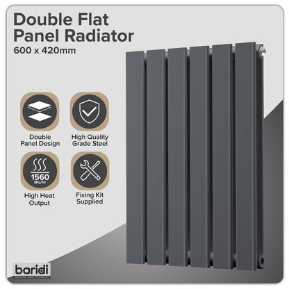 Baridi DH338 Horizontal Radiator Contemporary Double Flat Panel Design 420 x 600mm - Anthracite | Steel | Horizontal flat panel design delivers a BTU