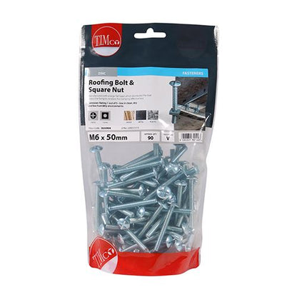 TIMCO Roofing Bolt & SQ Nut - BZP M6 x 50 Silver Pack 90