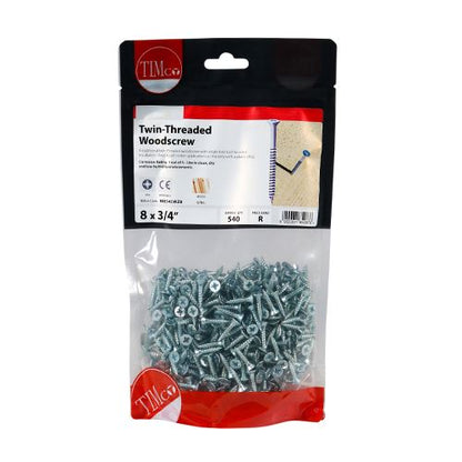 TIMCO Twin Woodscrew PZ2 CSK - BZP 8 x 3/4 Silver Pack 540