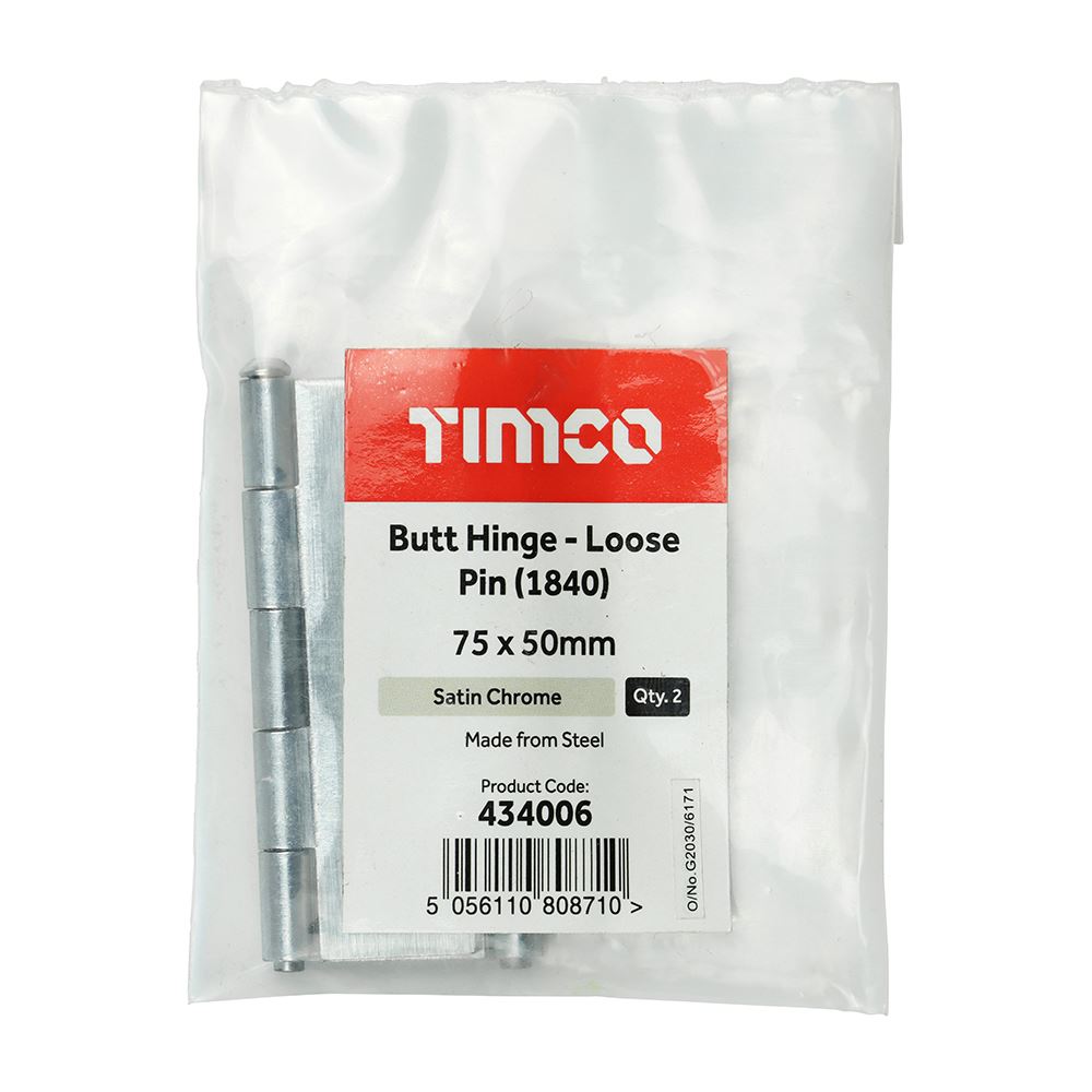 TIMCO Butt Hinge Loose Pin S/Chrome 75 x 50 Pack 2