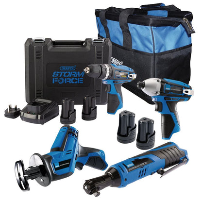 91032 Draper 12V Drill, Drive and Cut Interchange Kit, 4 x 1.5Ah Li-ion Batteries, 1 x Socket 3/8 Spinner Handles Professional Trade DIY Workshop Ga