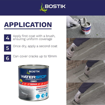 Bostik Waterstop Emergency Coat, Quick Drying, Instant Sealing Coating, For Roofs And Gutters, 1kg, Grey