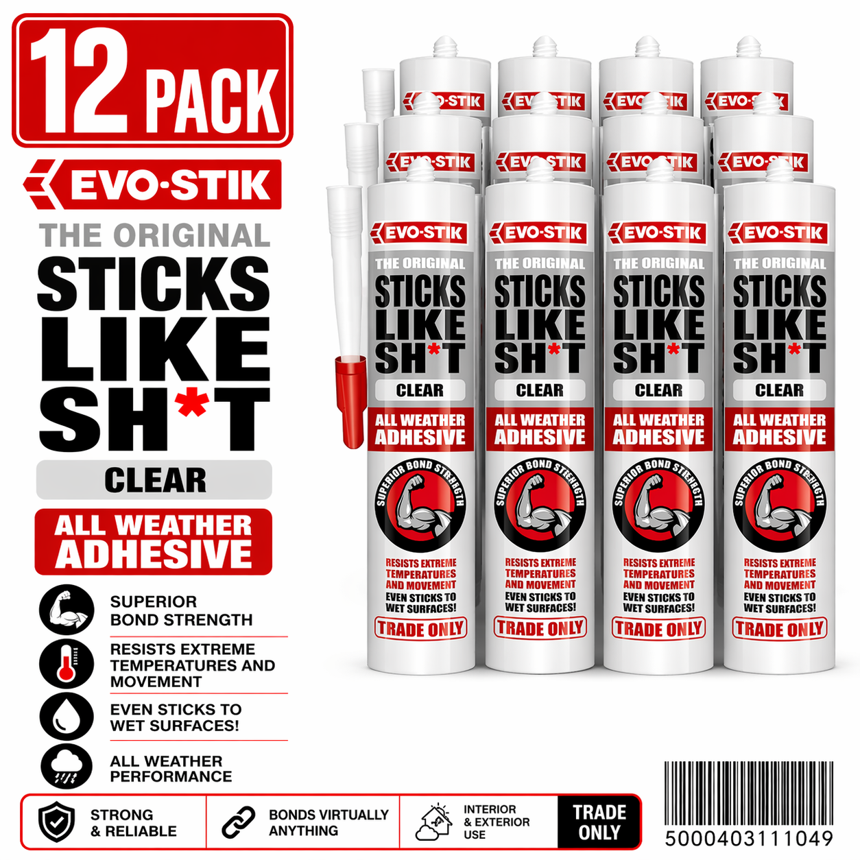 12 x EVO STIK Clear Sticks Like Adhesive 290ml Strong Grab Wet Surface Bonding