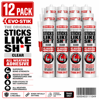 12 x EVO STIK Clear Sticks Like Adhesive 290ml Strong Grab Wet Surface Bonding