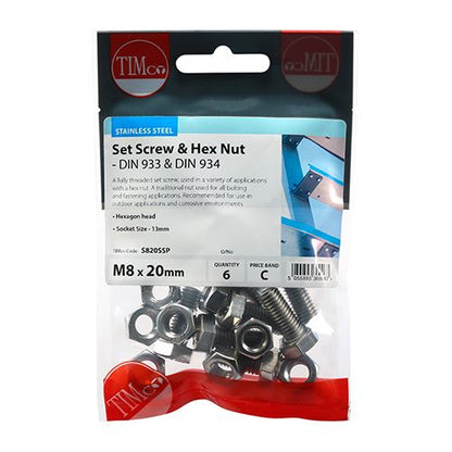 TIMCO Set Screw & Hex Nut - A2 SS M8 x 20 Silver Pack 6