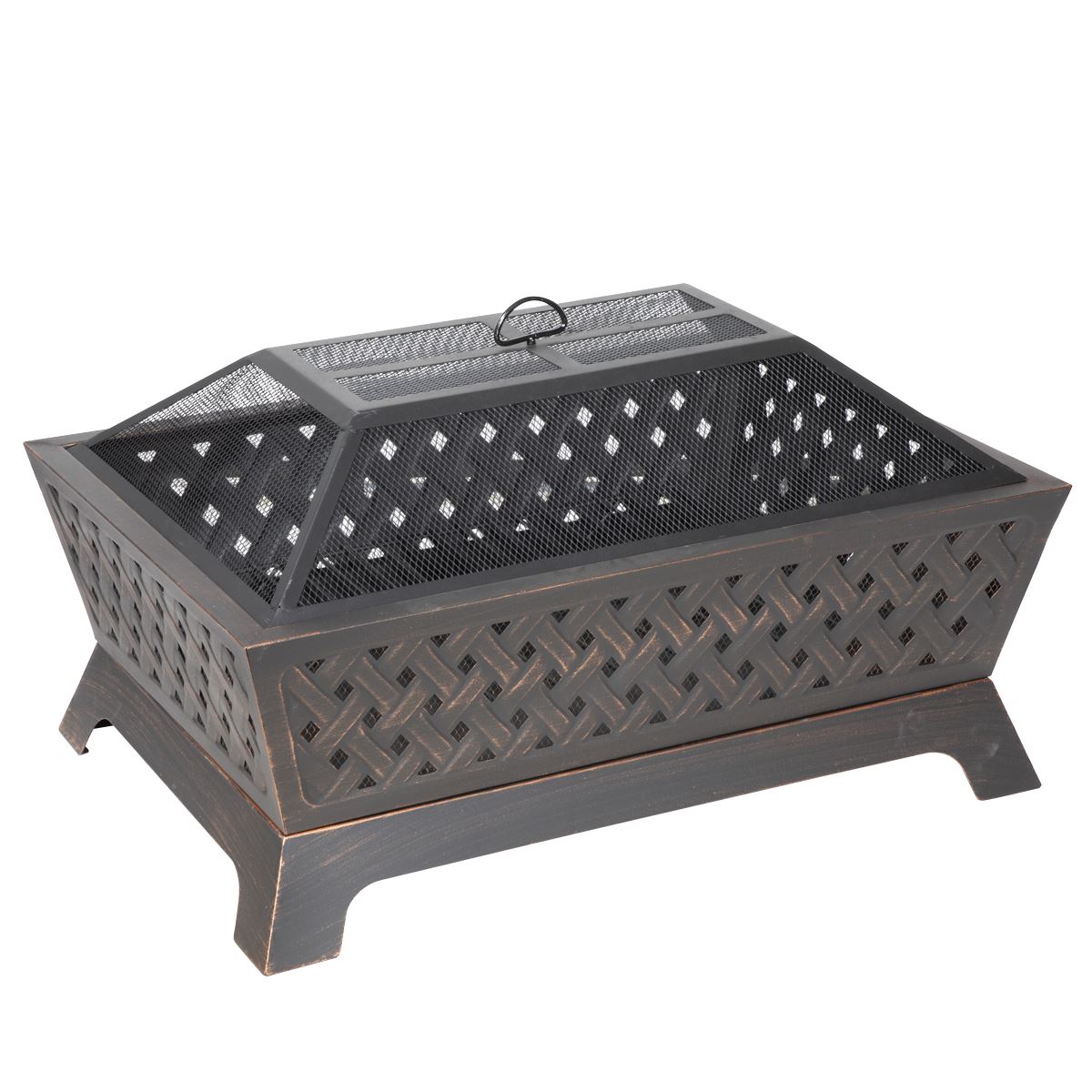 Dellonda DG44 89cm Rectangular Outdoor Fire Pit, Antique Bronze Effect | Safety Screen | Contemporary style rectangular fire pit is perfect for