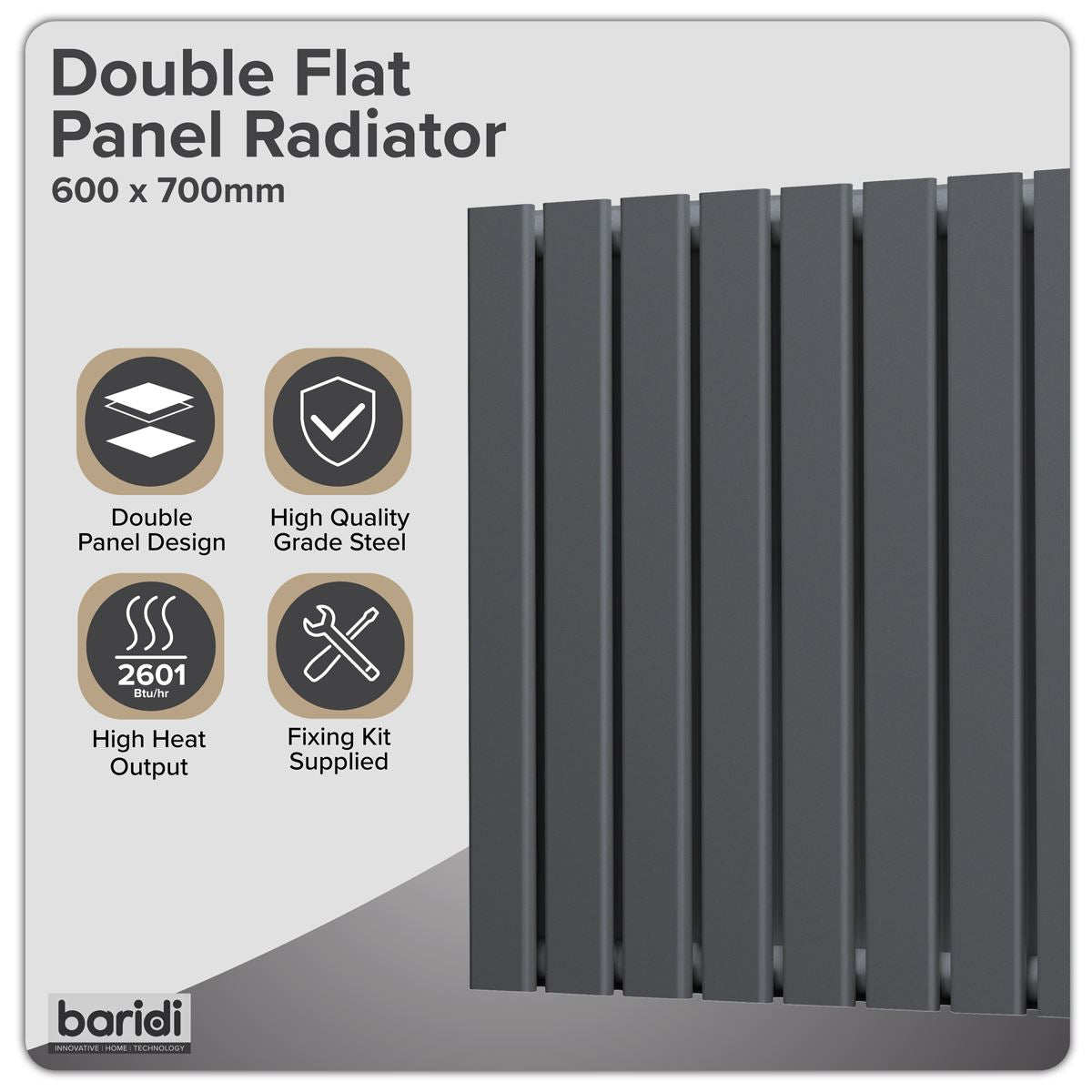 Baridi DH340 Horizontal Radiator Contemporary Double Flat Panel Design 600 x 700mm - Anthracite | Steel | Horizontal flat panel design delivers a BTU