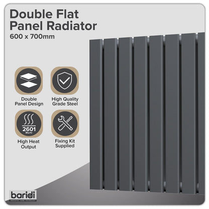 Baridi DH340 Horizontal Radiator Contemporary Double Flat Panel Design 600 x 700mm - Anthracite | Steel | Horizontal flat panel design delivers a BTU