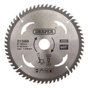 Draper TCT SAW BLADE 185MM 60T WOOD 21588 TCT Circular Saw Blade for Wood, 185 x 25.4mm