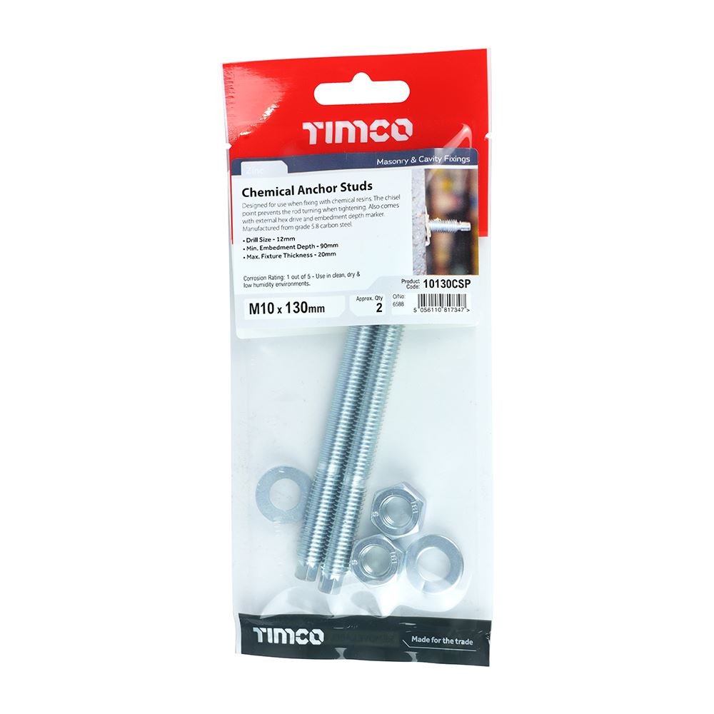 TIMCO Chemical Anchor Stud - BZP Silver M10 x 130 Pack 2.0