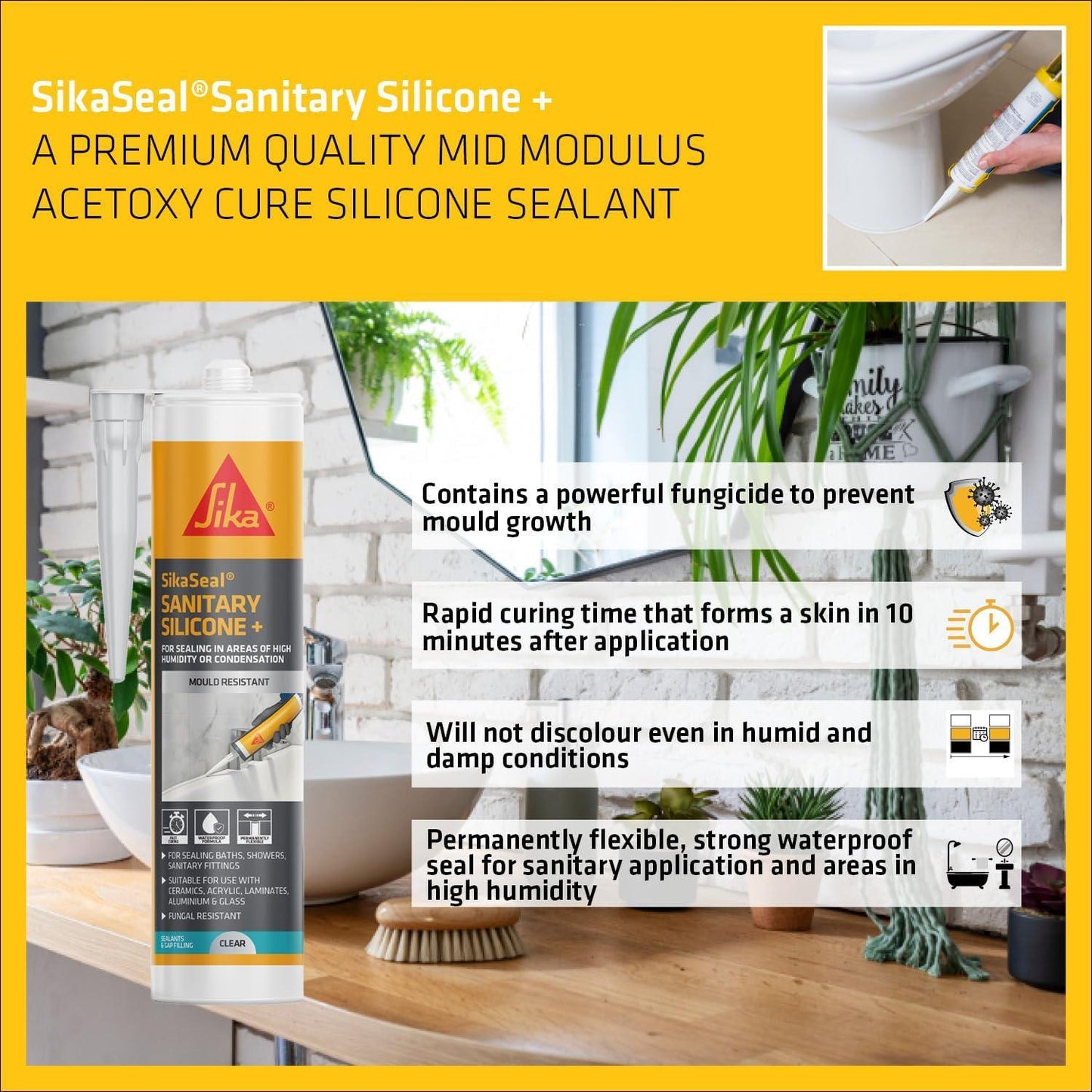 SikaSeal Sanitary Silicone Plus 295ml – Waterproof Bathroom, Kitchen, Bath & Shower Sealant – White or Translucent