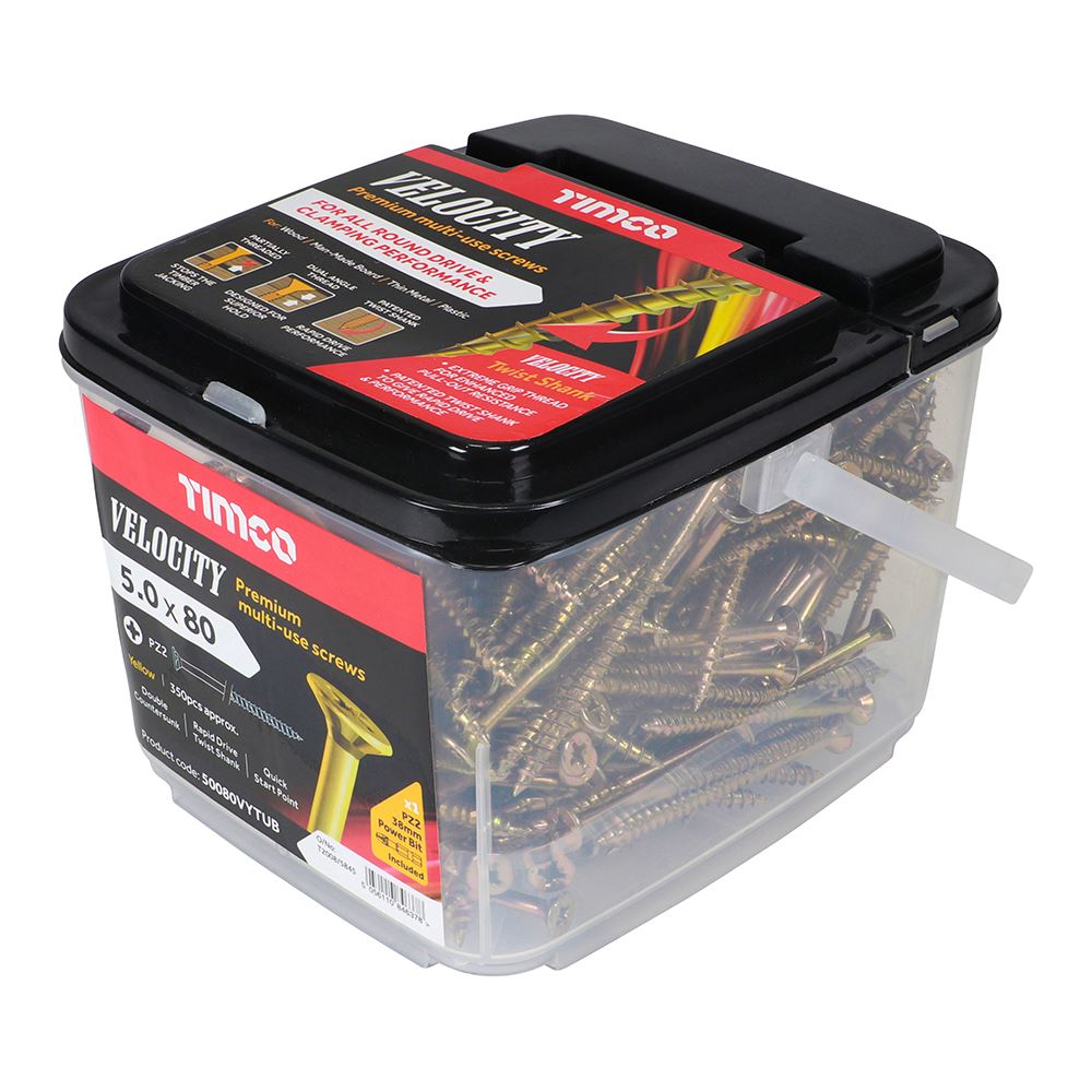 TIMCO Velocity Screw PZ2 CSK ZYP 5.0 x 80 Gold Pack 350