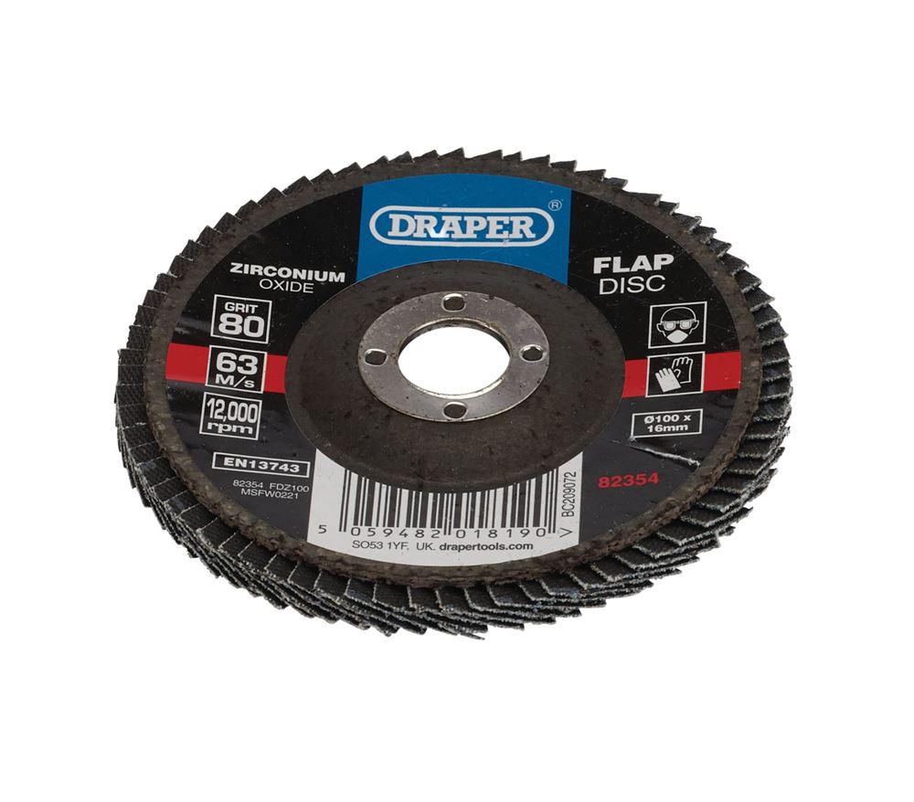 82354 Draper Zirconium Oxide Flap Disc, 100 x 16mm, 80 Grit FDZ100 Disc Flaps Professional Trade DIY Workshop Garage Use